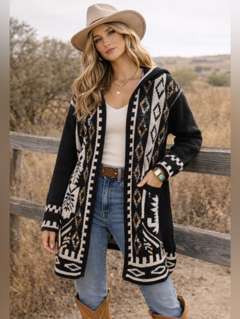 Mint Black & Cream Aztec Hooded Cardigan Sweater